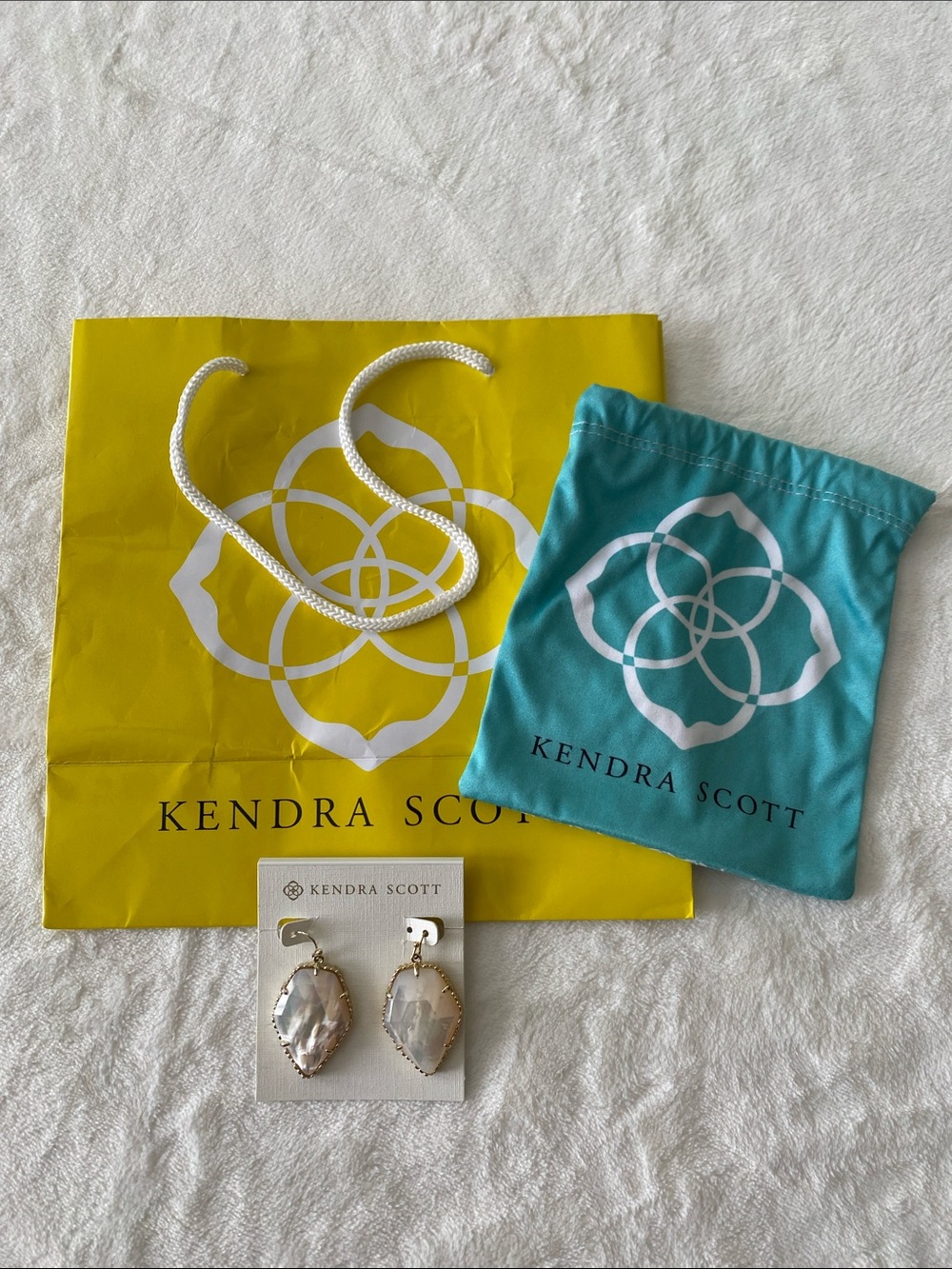 Kendra Scott Mother of Pearl Earrings With Teal Pouch with Yellow Branded Bag